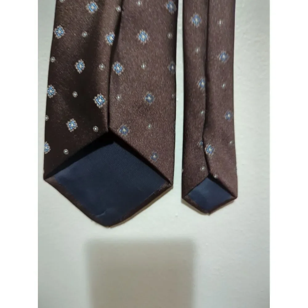 The Mens Store Brown Geometric Medallion Silk‎ Necktie Blue Silver Diamond